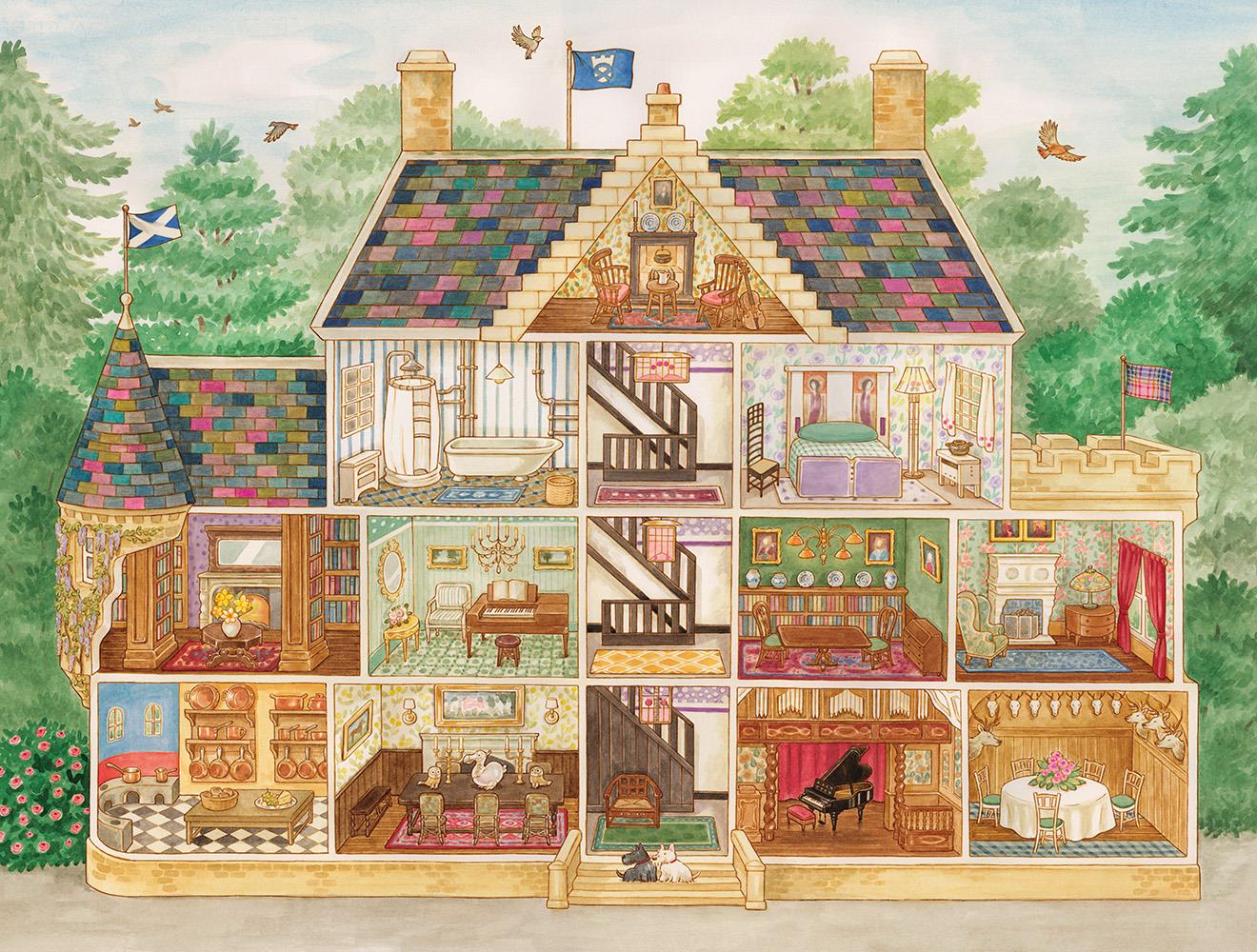 A beautiful 1000 piece puzzle featuring a house, opened up to show 12 rooms, which can be found within 12 different historic National Trust for Scotland homes.