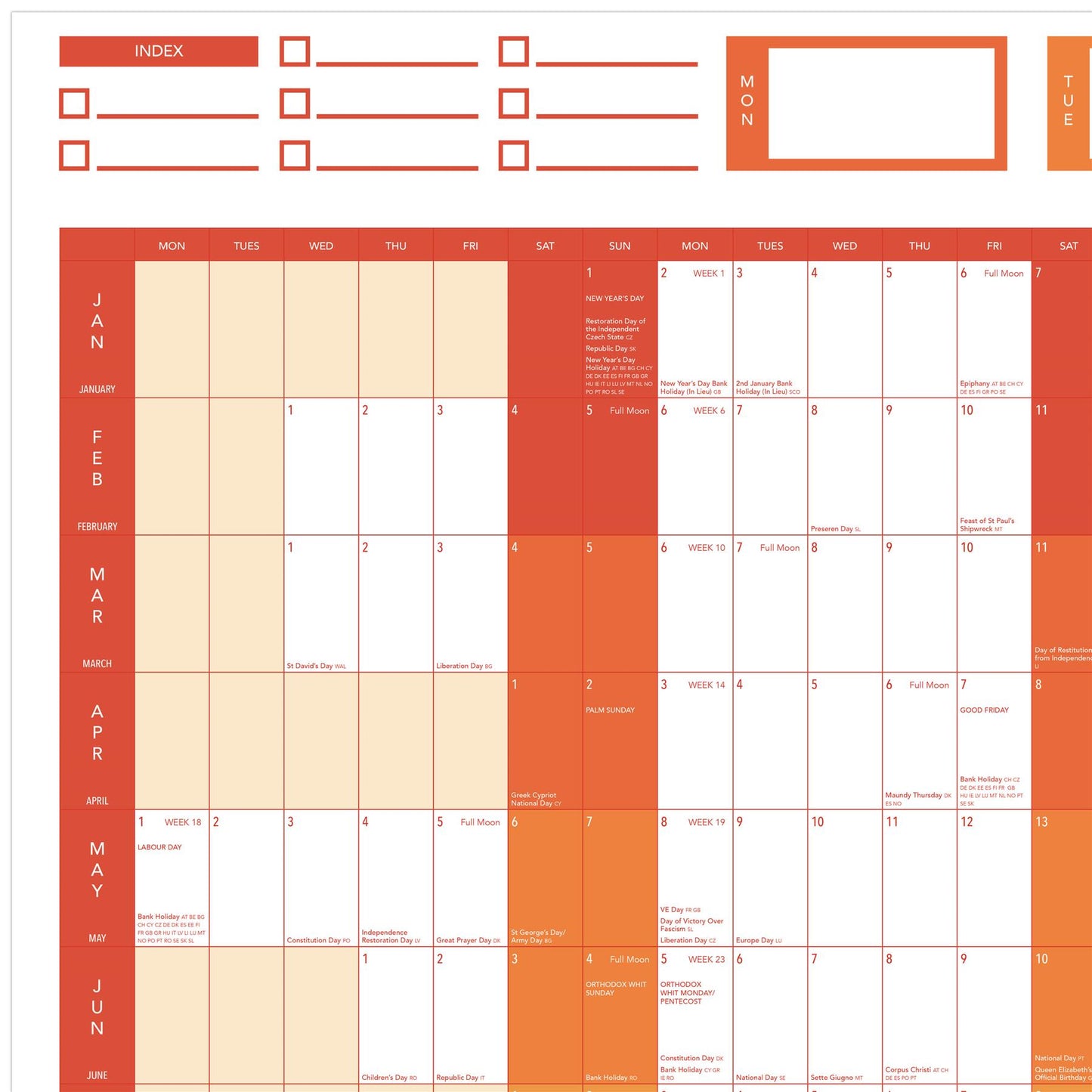 2023 GIANT YEAR WALL CHART AND HOLIDAY PLANNER RED CLOSE UP